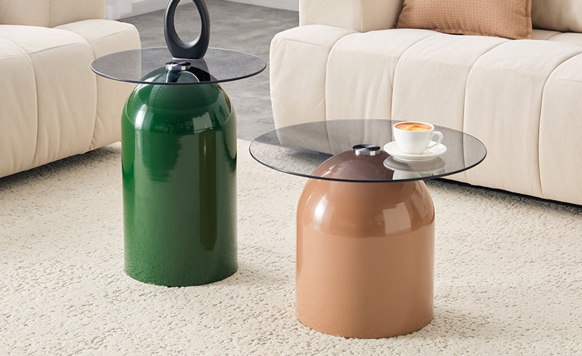 MIVRAY Salontafelset - 2 Delige Ronde Tafels Van Gehard Glas - Nestbaar Voor Woonkamer Slaapkamer En Kantoor - Metaal - Groen Lichtbruin