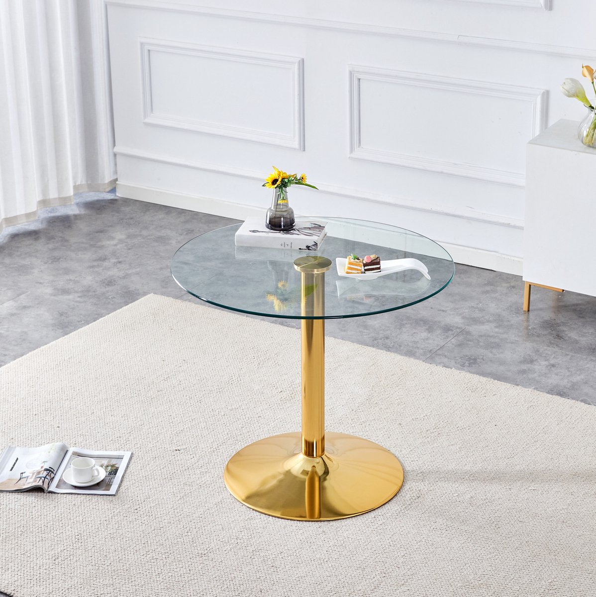 MIVRAY Eettafel - Ronde Glazen Tafel Met Gehard Tafelblad - Modern Voor Eethoek En Café - Glas En Metaal - 85 X 85 X 76 Cm - Goud Transparant