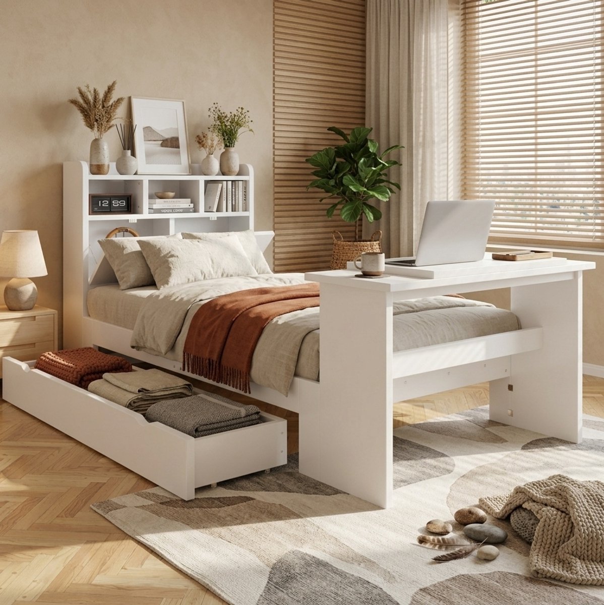 STILVORA Kinder Eenpersoonsbed 90x200cm – Bed Met Opbergruimte, Hoofdbordrek En Klaptafel – Voor Kinderkamer En Jeugdkamer – Houtlook – Wit – Zonder Matras