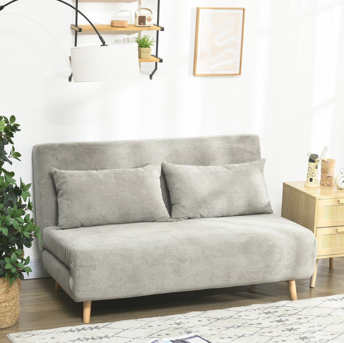 FloraGrace Slaapbank 2-Zits 141 x 90 x 81 cm Met Bedfunctie, Verstelbare Rugleuning En Kussens Voor Woonkamer Of Logeerkamer - Polyester - Grijs