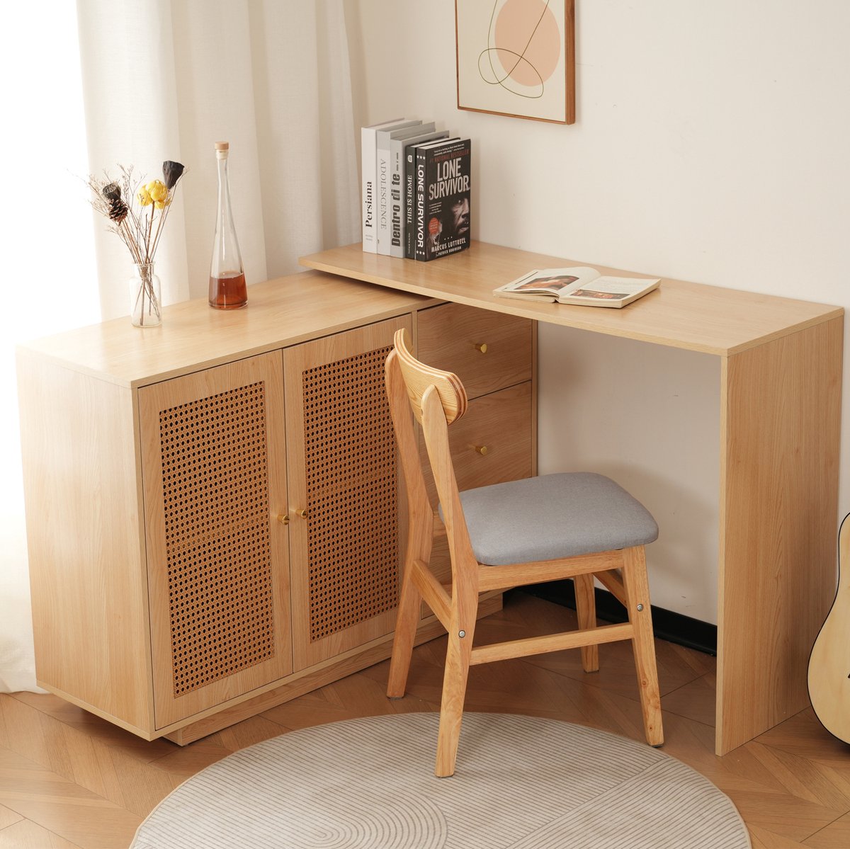 MIVRAY Bureau - L-Vormig Hoekbureau Met 360 Graden Draaifunctie En Opbergruimte - Voor Werkkamer Of Kaptafel - MDF - 126 Cm - Naturel Hout