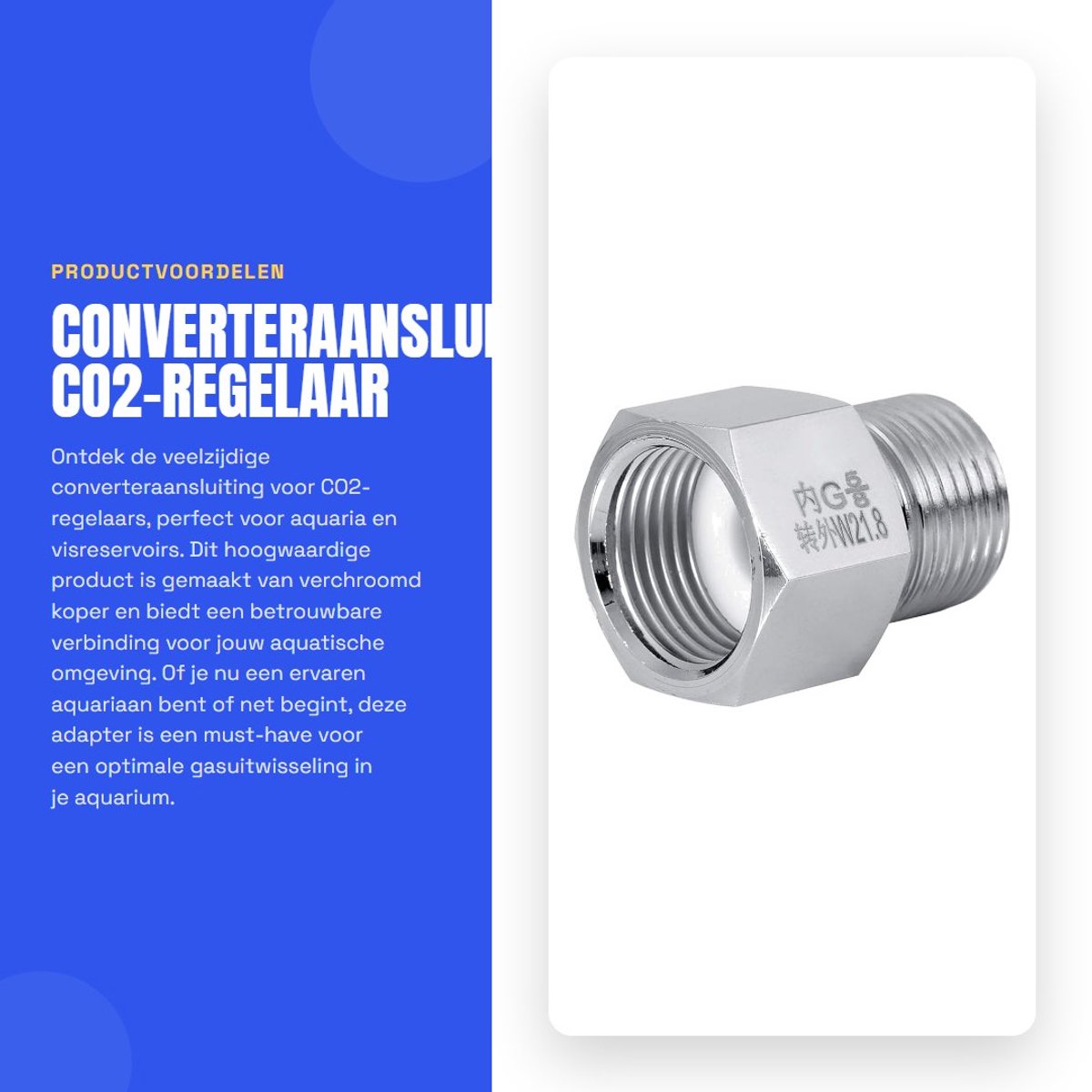 Dailygoods - Converteraansluiting CO2-regelaar - Hoogwaardig materiaal - Verchroomd koper - Adapter voor aquarium - Geschikt voor visreservoir