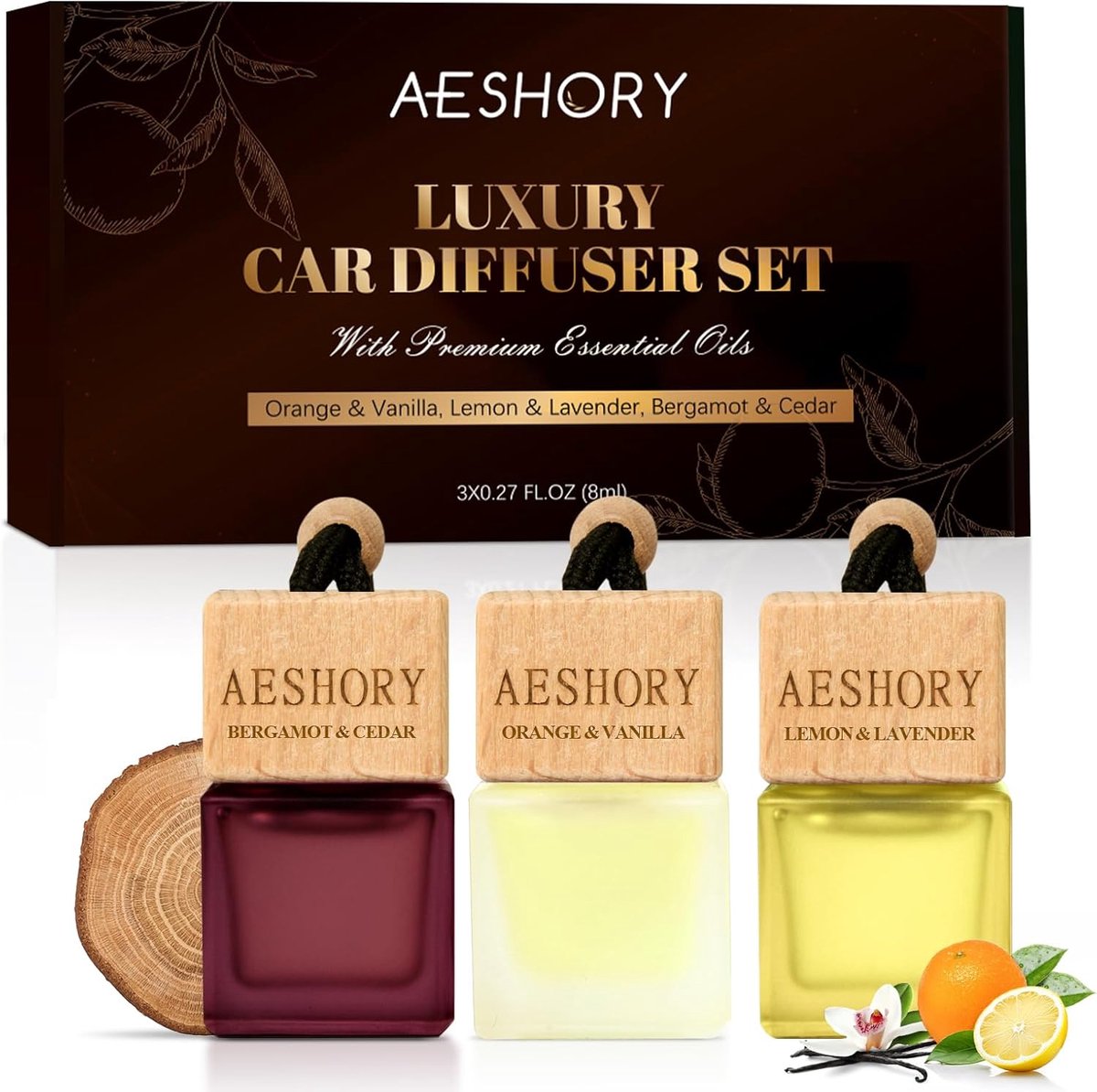 SnelShoppen - Auto Luchtverfrisser Citrus | 3 x 8ML Etherische Olie Diffuser | Sinaasappel, Citroen, Bergamot | Aroma Parfum voor Auto met Ventilatiec