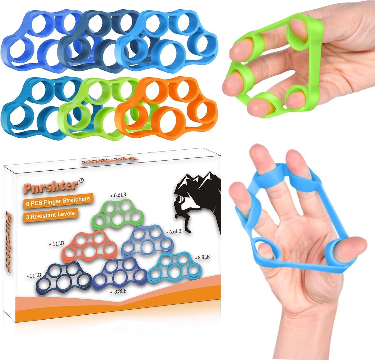 Handversterker - Vingerversterker - (6 Pack) Nieuw materiaal - Vingerweerstand Bands - Vingeroefenaar Brancard, Hand Grip Versterker, Stress Relief, Verhoog sterkte, Geweldig voor rotsklimmen.