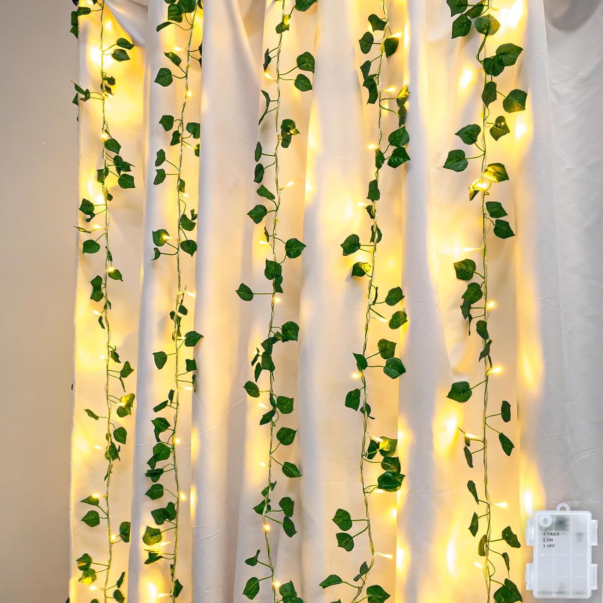 Thijox - Efeu Lichtsnoer 5m met 50 LED's voor Binnen en Buiten, Warm Wit, Kunstlichtketting met Timer, Klimop Decoratie voor Kinderkamer, Slaapkamer,