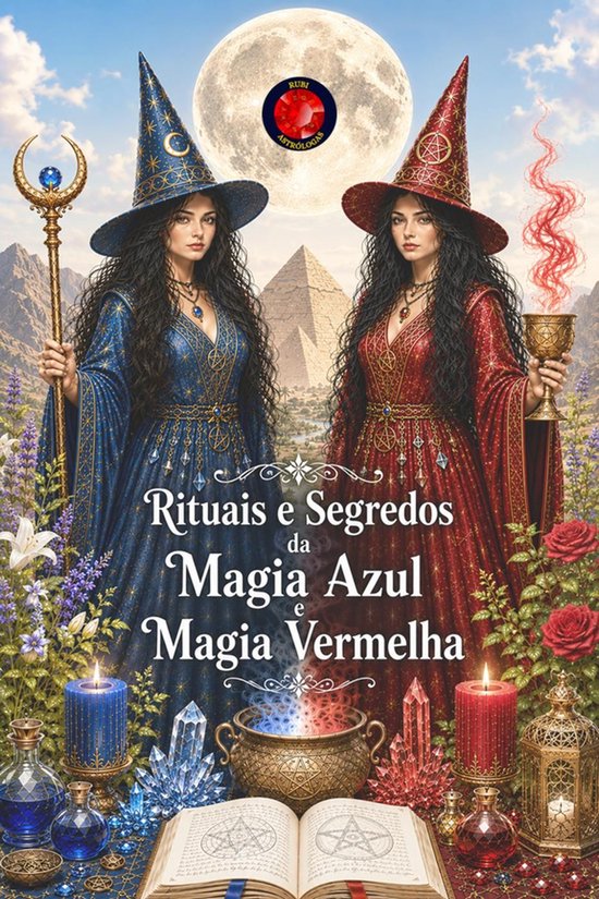 Deux femmes coiffées de chapeaux de sorcière, l'une en robe bleue, l'autre en robe rouge, avec des symboles magiques et le texte 'Rituais e Segredos da Magia Azul e Magia Vermelha'.