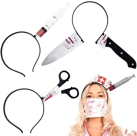 Dailygoods - 3 stuks griezelige Halloween hoofdband met schaar, spuit, mes in bloed hoofd voor kostuums voor dames en heren, carnaval, cosplay, maskerade