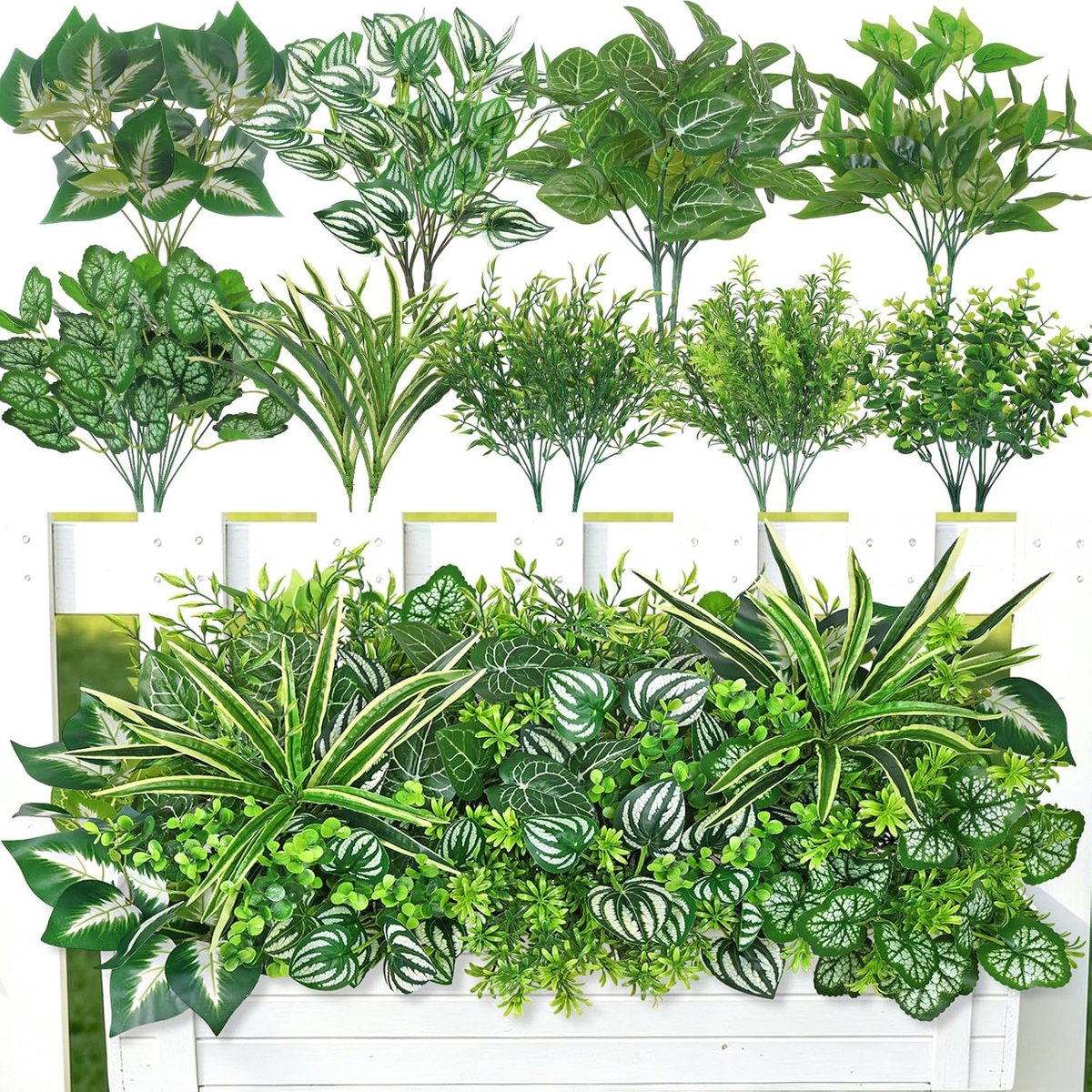 SnelShoppen - Kunstplanten voor Buiten - UV-bestendig, Weerbestendig, 18 Stuks, 9 Soorten Groene Kunstplanten voor Balkon, Tuin, Voordeur Decoratie