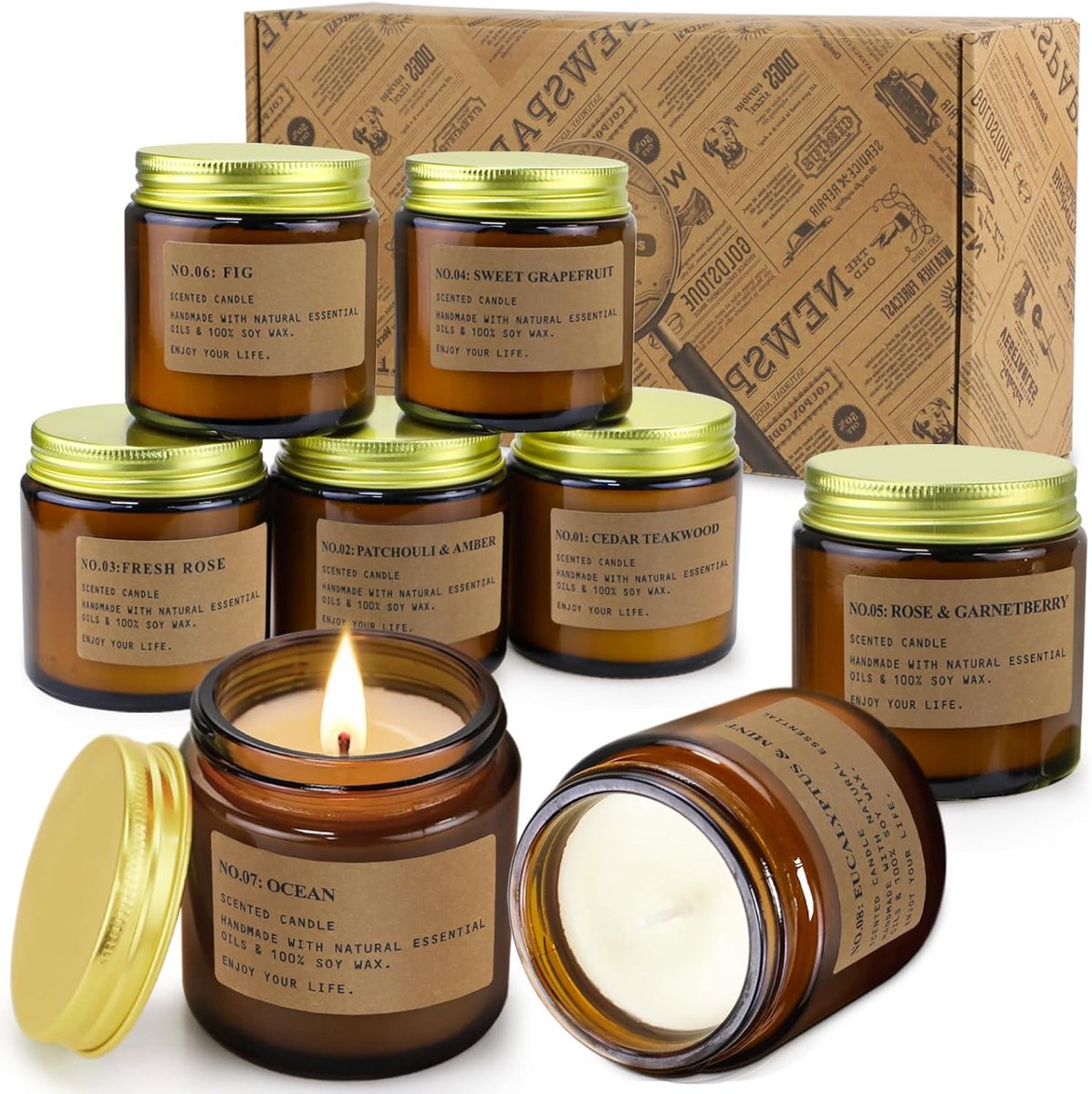 Thijox - RoseTeak Hout Geurkaarsen Set van 8 Stuks, Ontspannende Kamerscent, Amber, Munt, Grapefruit Geuren, 800 g, Perfect voor Feest, Thuis, Wellnes