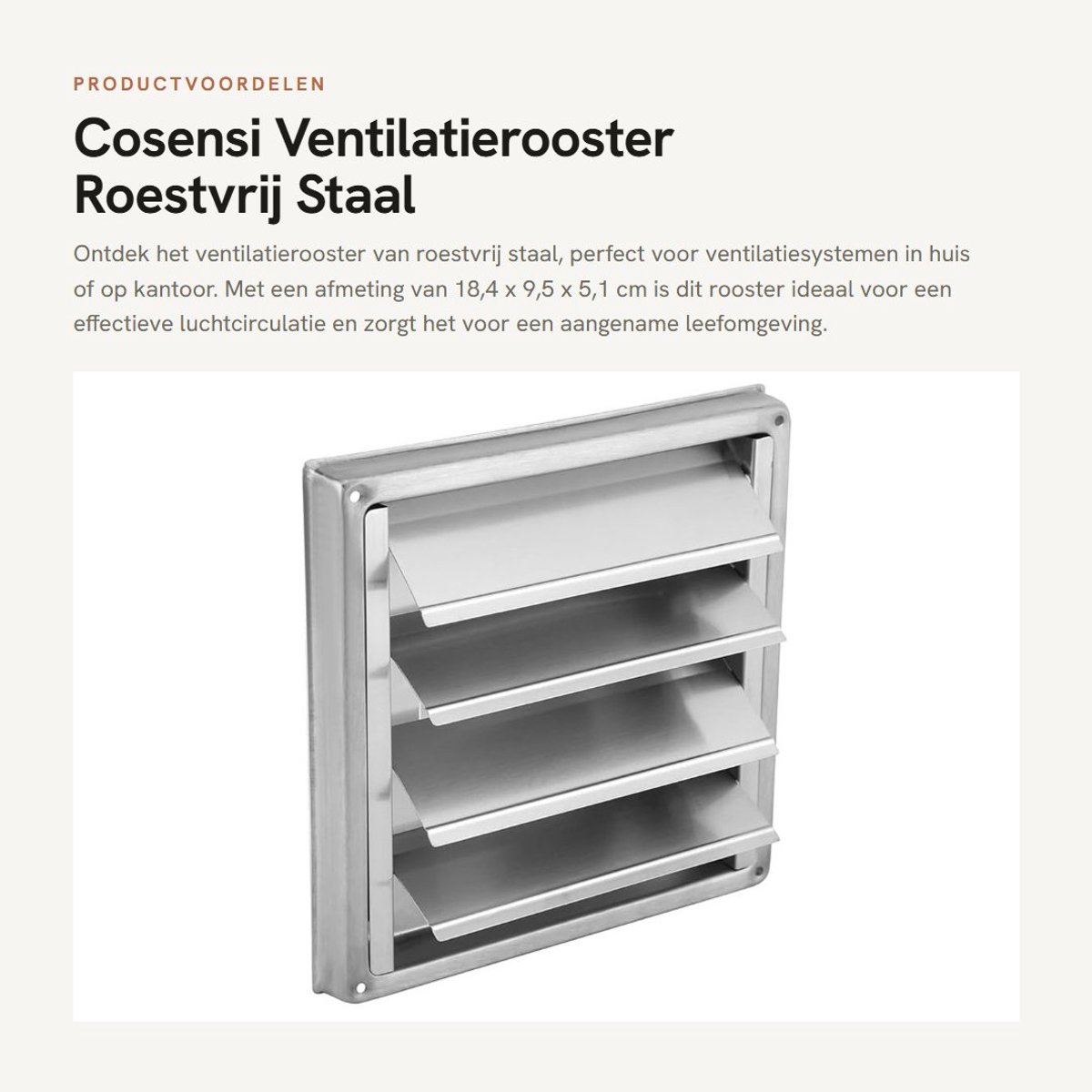 Dailygoods- Ventilatierooster Roestvrij Staal - Afvoerluchtrooster - Ventilatie - Lamellen - 18,4 x 9,5 x 5,1 cm - Geschikt voor diverse omgevingen - Afvoerrooster