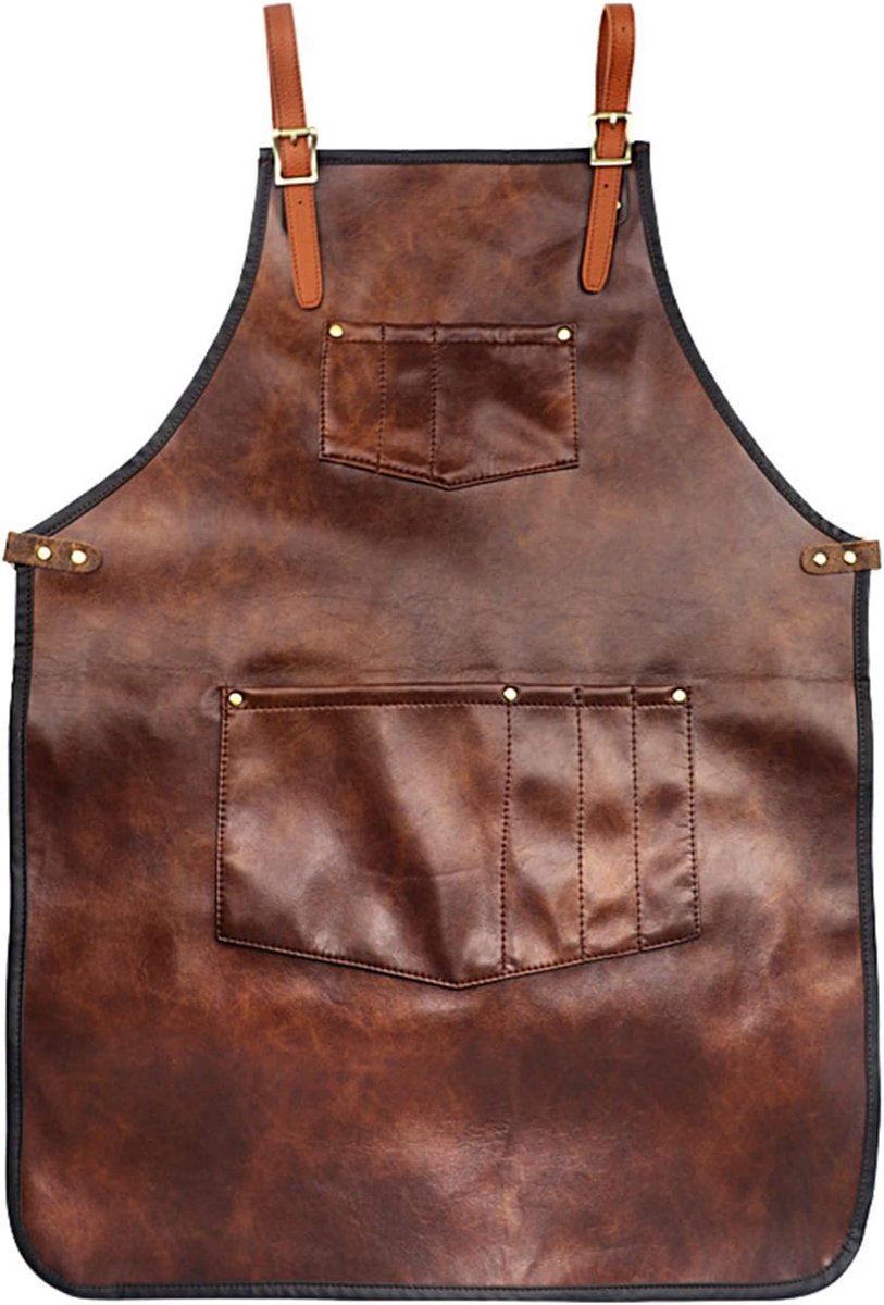 Thijox - Kapperschort PU Leer Kookschort BBQ Schort met Kruisbanden en Zakken voor Keuken, Grillen, Houtbewerking, Smeden en Lassen - Bruin