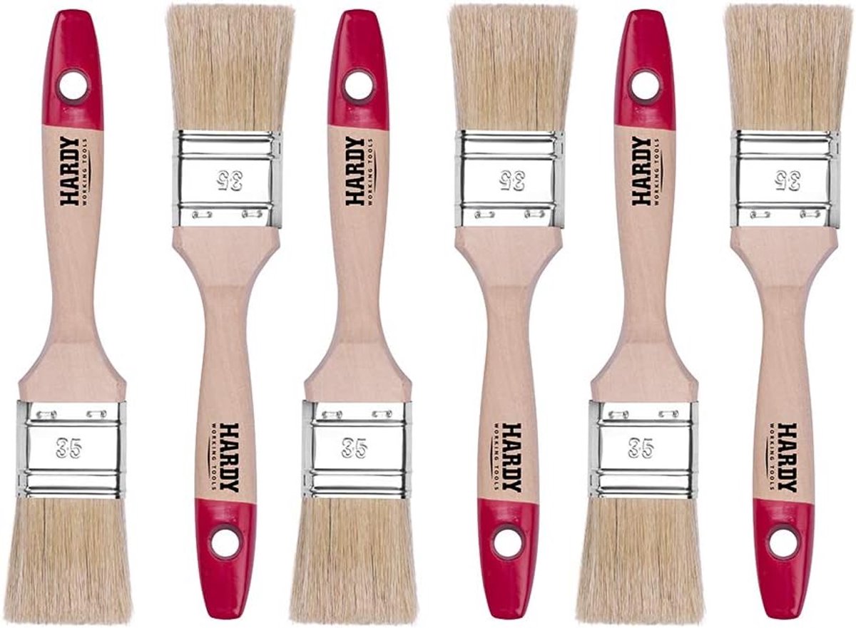 Thijox - 6x Platte Kwastenset 35 mm - Schilderskwasten met Natuurlijke Haren - Houten Handvat - Ideaal voor Lakken, Verfklussen, en Reparaties - Perfe