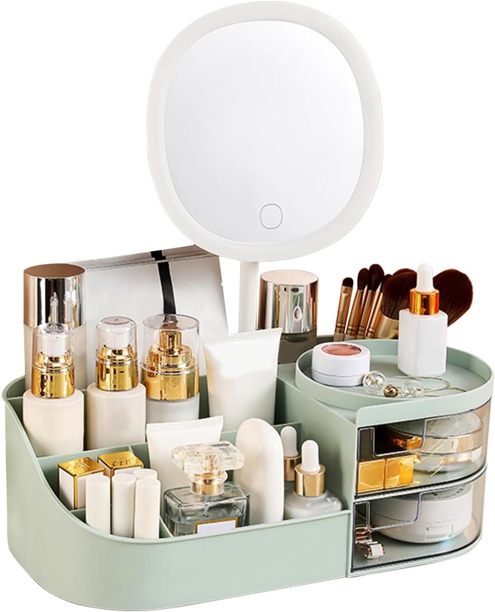 Thijox - Make-up Organizer met Oplaadbare Spiegel, Verlichte Make-up Spiegel met 3 Verlichtingsmodi, Cosmetica Organizer met 2 Laden, Huidverzorging e