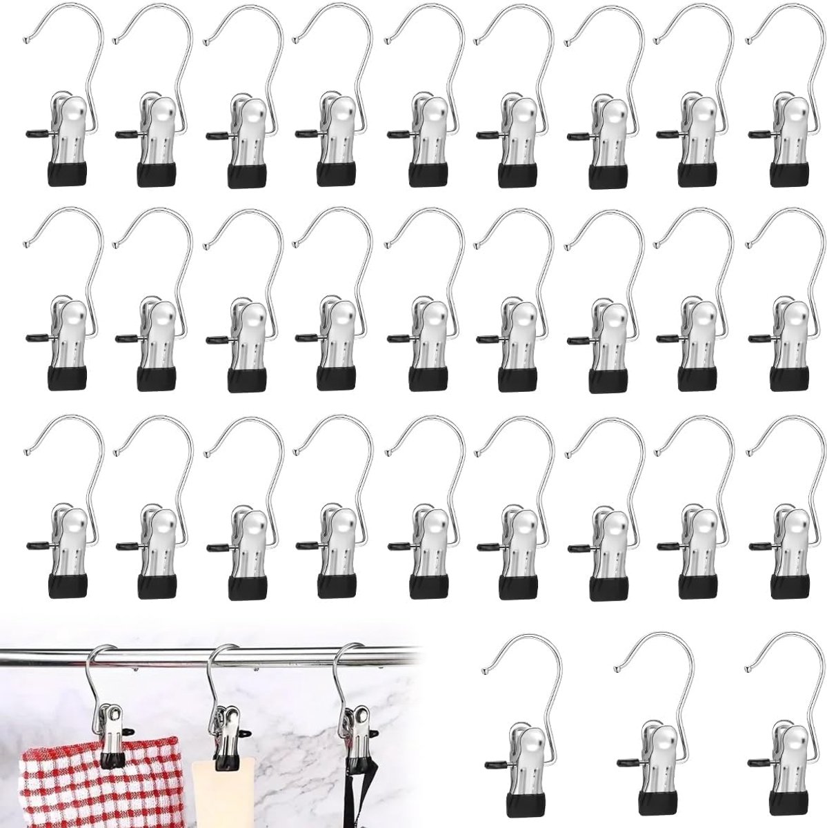 Thijox - 30 Stuks Washakenset Metalen Washaken Bootclips Antislip Kleerhangerclip 360° Draaibare Laarshouder Draagbare Hangende Washaken Voor Broeken