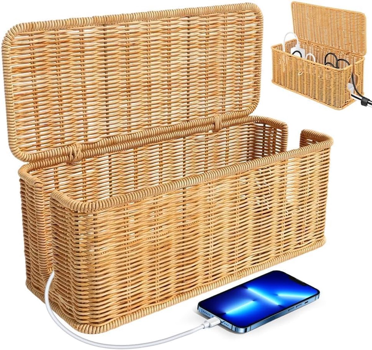 SnelShoppen - Rotan Kabelmanagementbox Handgemaakt met Deksel - Kabelbox voor Bureau en Thuis - Houtkleurig met Zijdelingse Opening - Stekkerbox voor