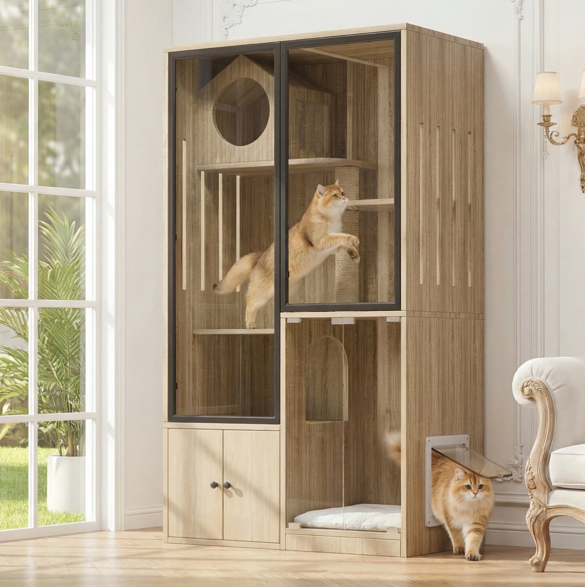 MODENUIT Kattenhuis - Meerlagig Met Vergrendelbare Deur - Voor Binnen - MDF En Glas - 90x50x160 Cm - Naturel