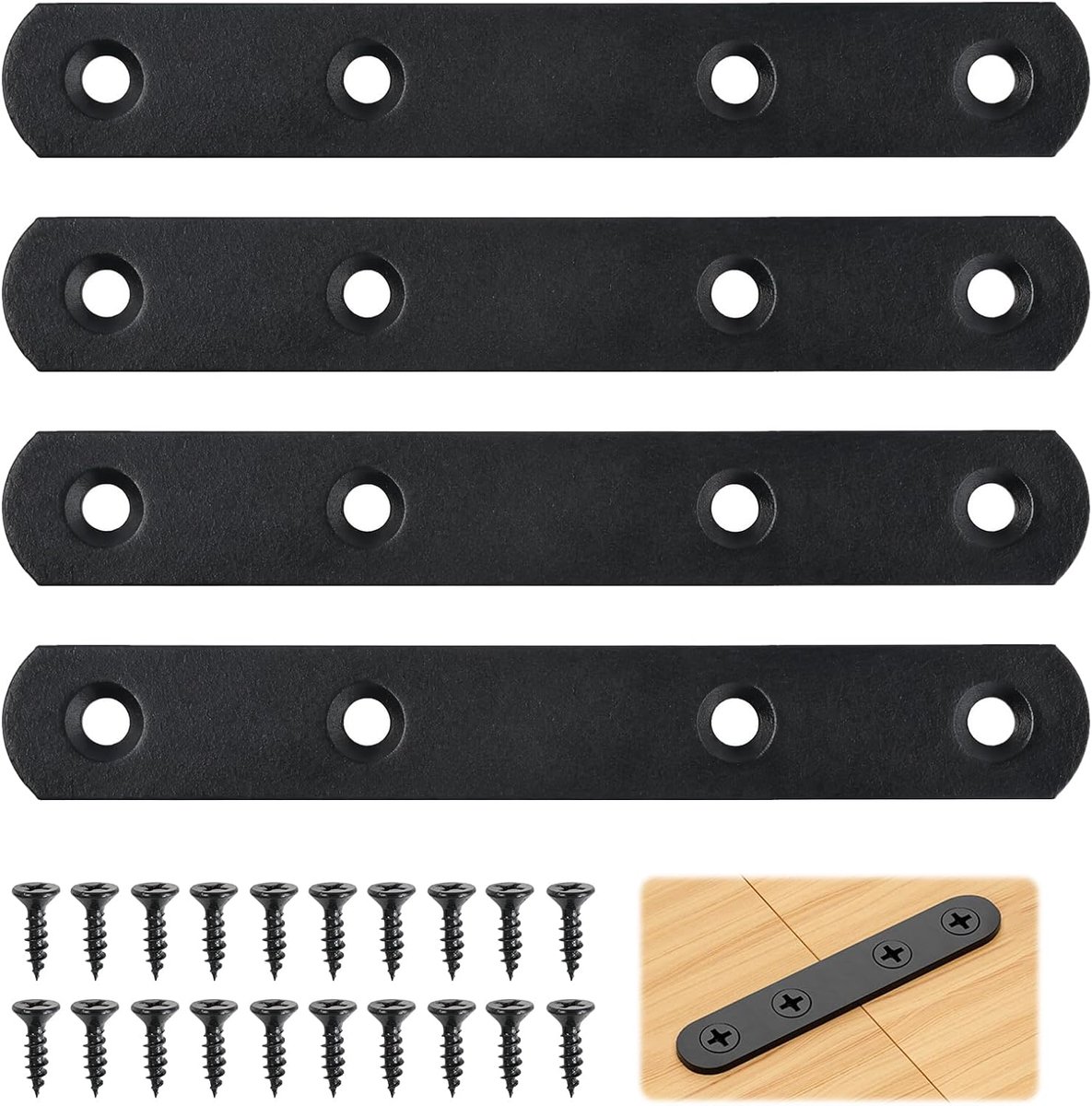 Platte connector 201 roestvrij staal, zwart, 4 stuks met verzonken gaten - ShopVlot