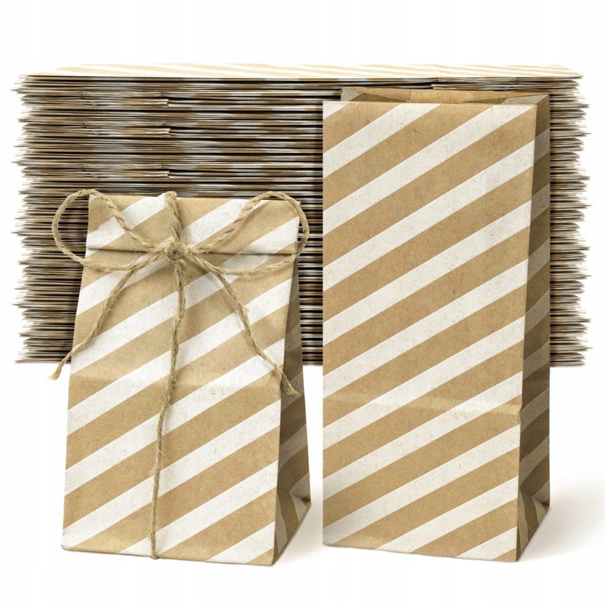 100x Blokbodem Zakkenpapier 8x6,5x19cm Bruin Wit Gestreept Eco