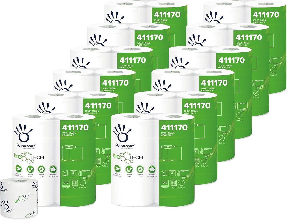 Papernet Papernet 411170 Biotech toiletpapier, cellulose, 2-laags, 250 vellen, wit, 12 stuks 4090 g - ShopVlot