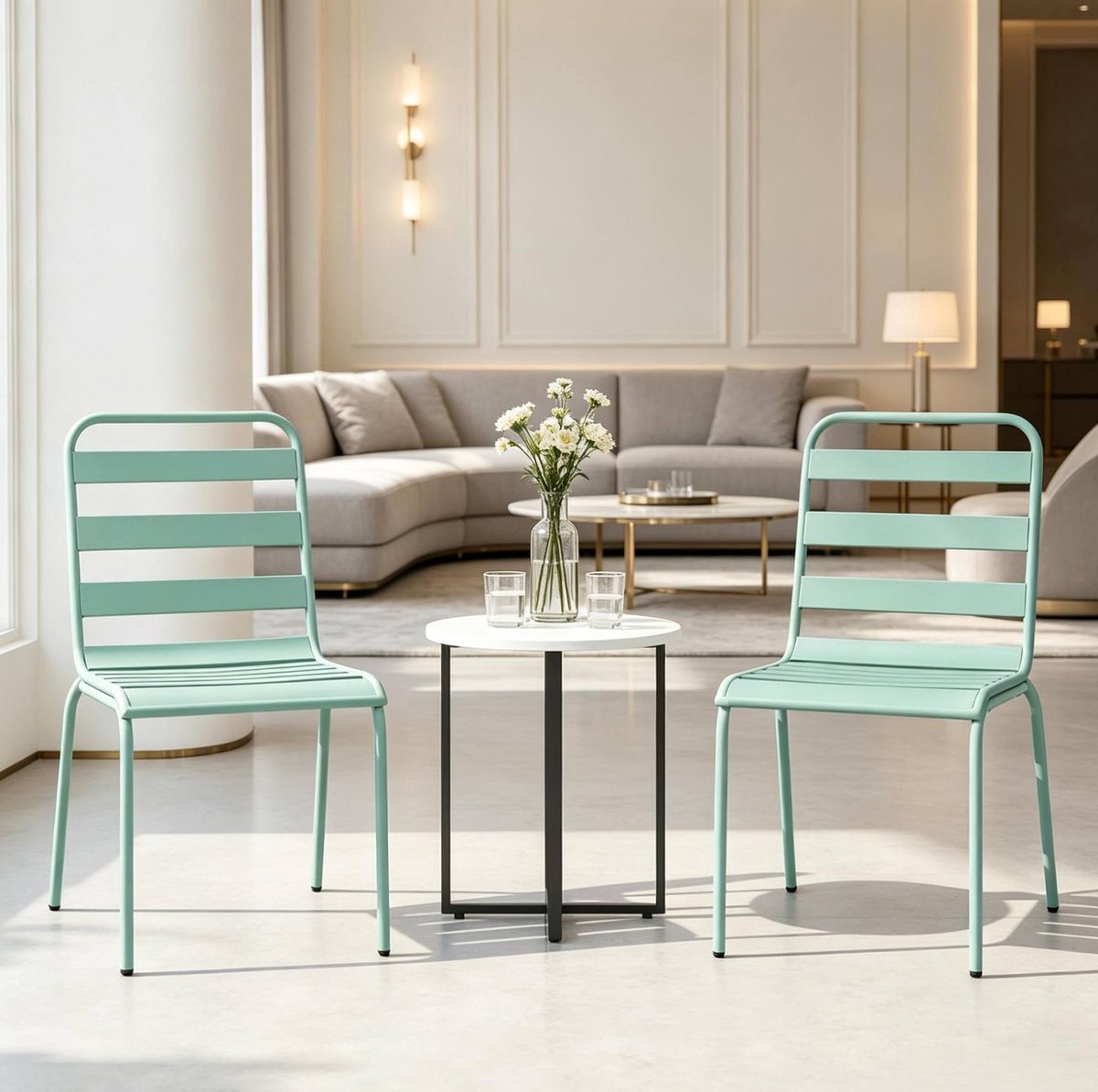 FloraGrace Eetkamerstoel – Set van 2 Stapelbare Metalen Tuinstoelen – Voor Balkon, Terras En Tuin – Staal – Groen – Stevig En Ruimtebesparend