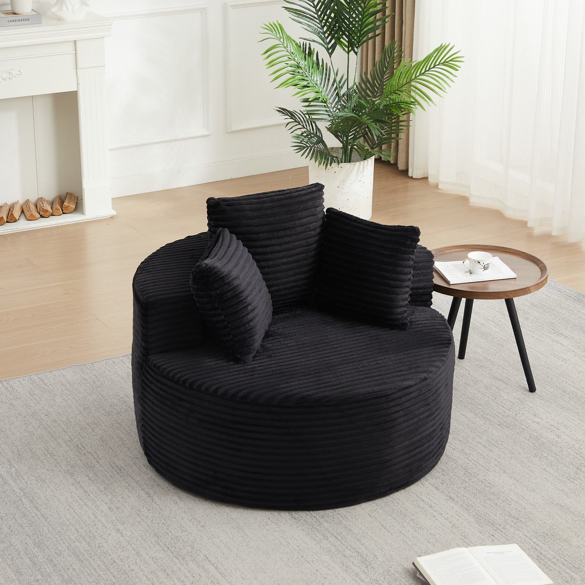 DESMIU Fauteuil Rond 110 Cm - 1-Zits Loungestoel Met 3 Sierkussens En Brede Armleuningen - Voor Woonkamer, Slaapkamer En Speelkamer - Ribfluweel - Zwart