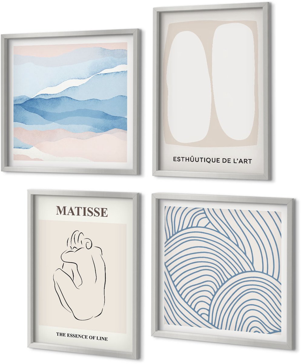 Coloray 4-Delige Schilderij Set - Abstracte vormen en delicate kleuren van Matisse - 40 x 40 cm en 40 x 60 cm - Stijlvolle Wanddecoratie - Interieur - Stijlvolle Muurdecoratie
