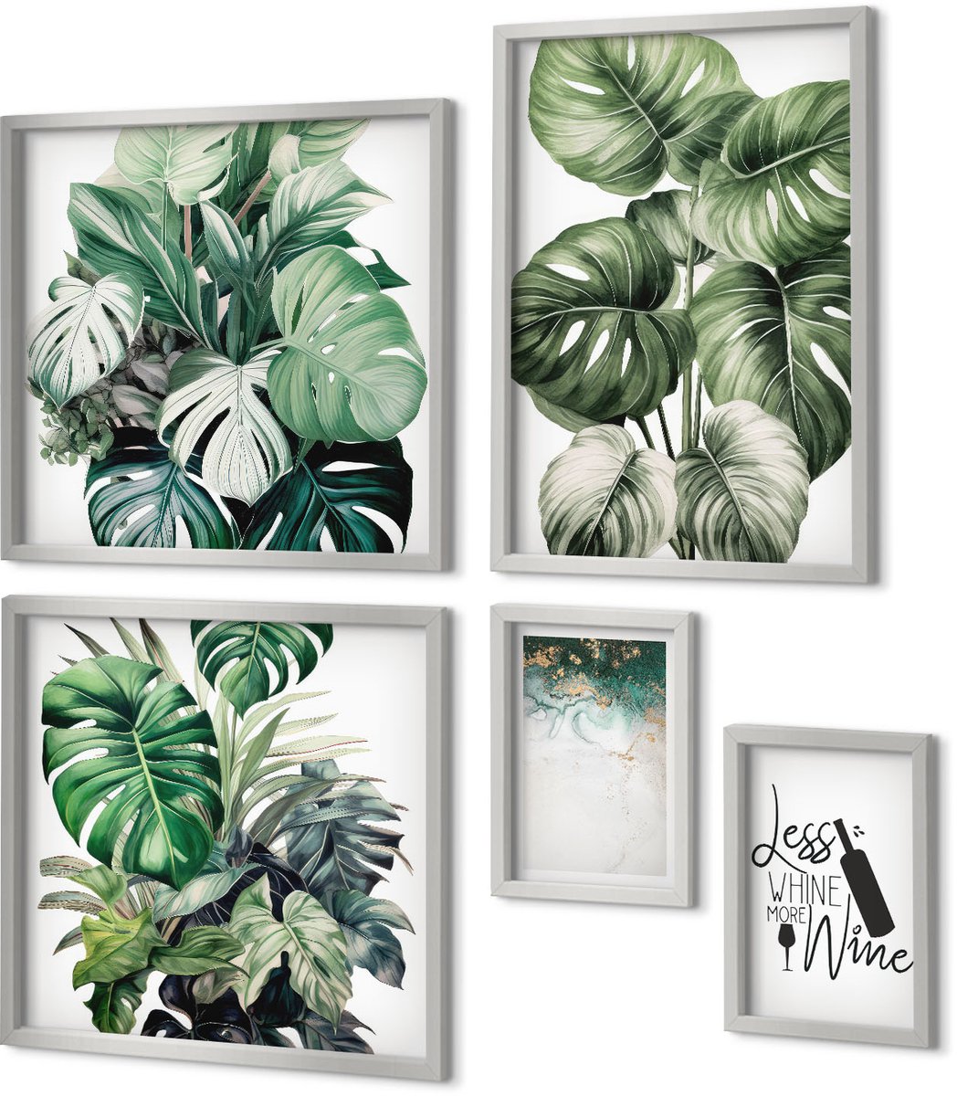 Coloray 5-Delige Schilderij Set - Groene Plantenbladeren Met Het Opschrift "Wijn". - 20 x 30 cm - Decoratieve Schilderijen - Woonkamer - Interieur