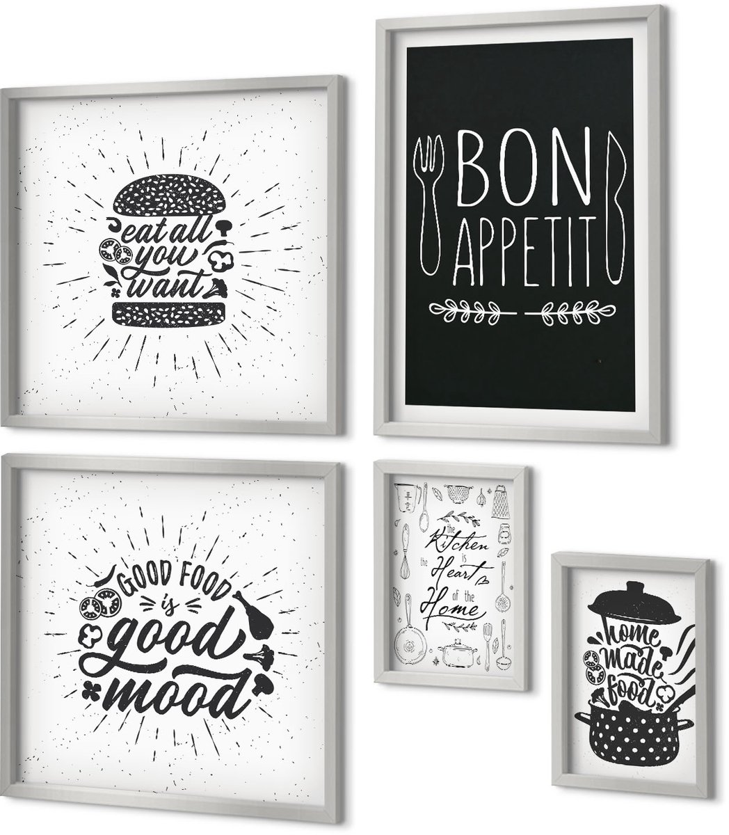 Coloray 5-Delige Schilderij Set - Voedselafbeeldingen En Culinaire Slogans - 20 x 30 cm - Decoratieve Schilderijen - Wanddecoratie - Hal - Stijlvolle Muurdecoratie