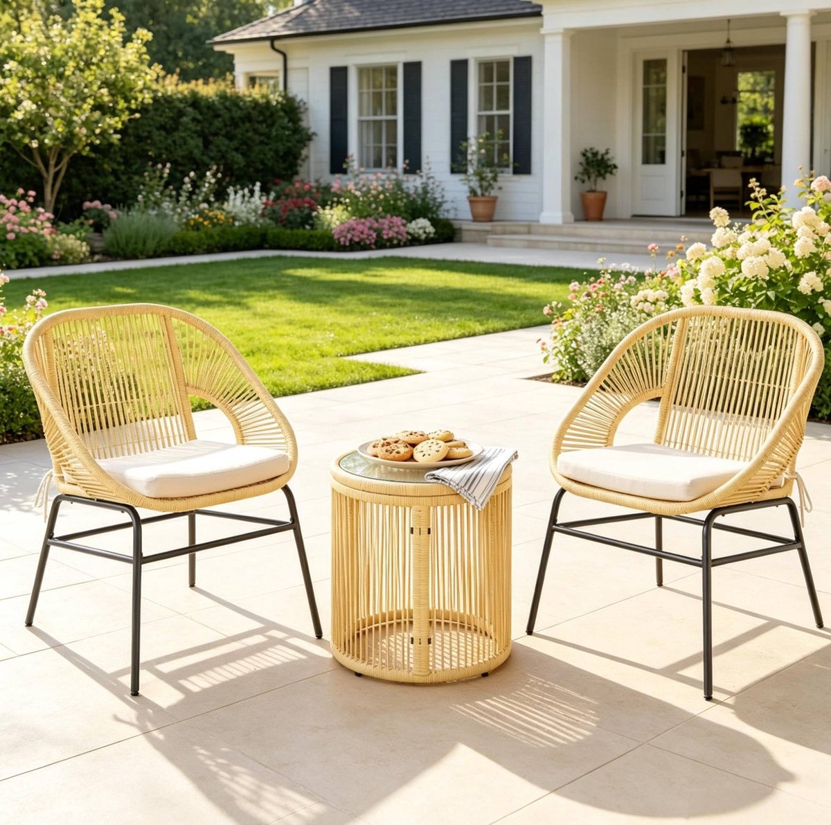 FloraGrace Outdoor Lounge Set - 2 Stoelen En 1 Tafel - Met Kussens, Glasblad En Stevig Stalen Frame - Voor Balkon En Tuin - Beige