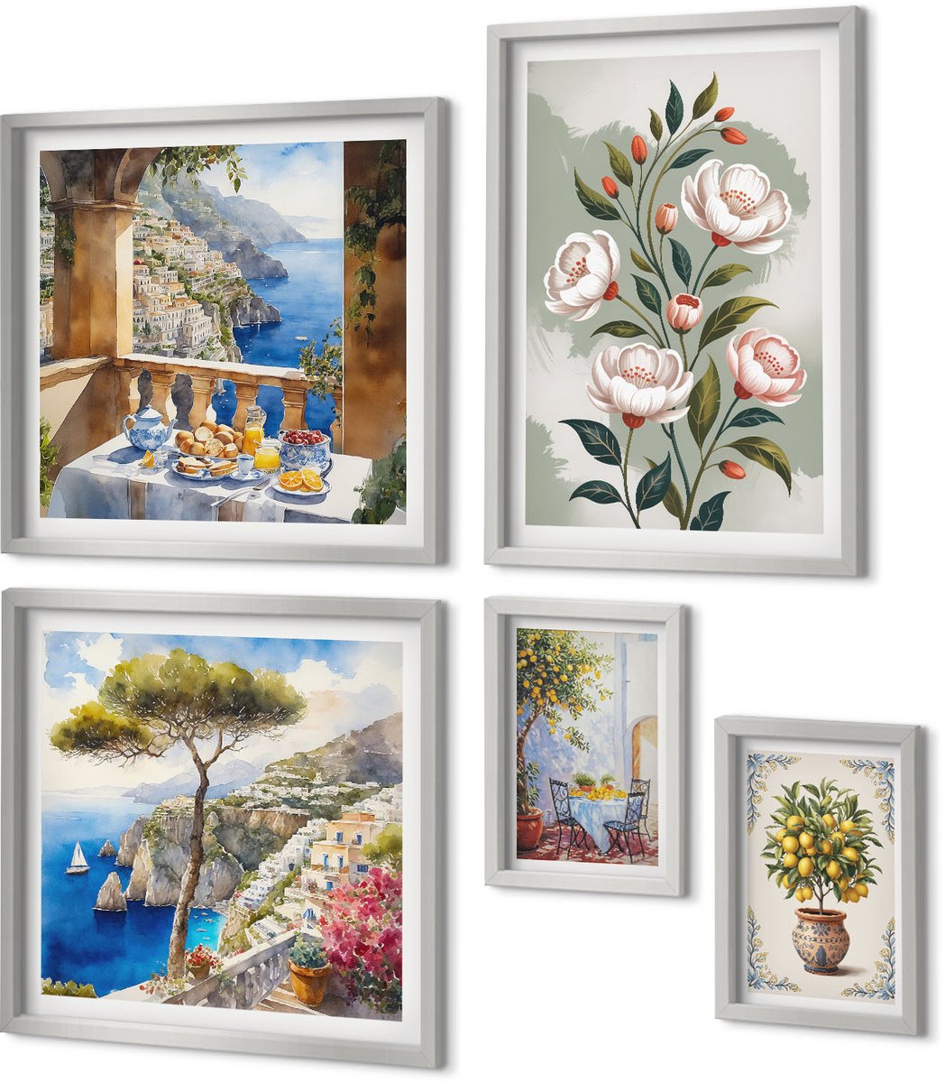 Coloray 5-Delige Schilderij Set - Berglandschappen En Straten Van Italiaanse Steden - 20 x 30 cm - Muurdecoratie - Decoratieve Schilderijen - Wohnzimmer - Stijlvolle Muurdecoratie