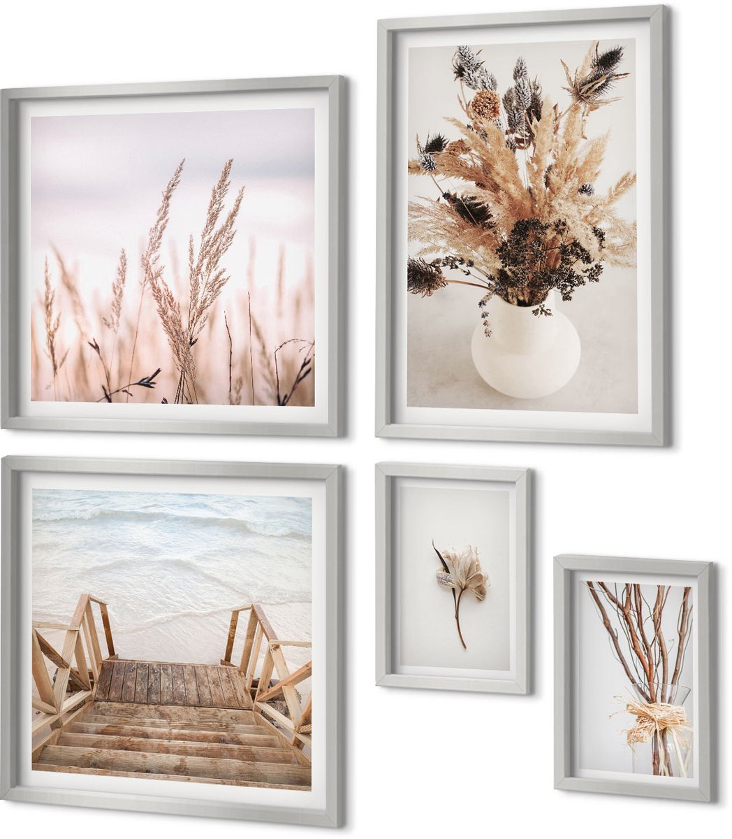 Coloray 5-Delige Schilderij Set - Vrolijke Momenten Met Wijn En Champagne - Lijntekening - 20 x 30 cm - Muurdecoratie - Wanddecoratie - Hal - Interieur Decoratie