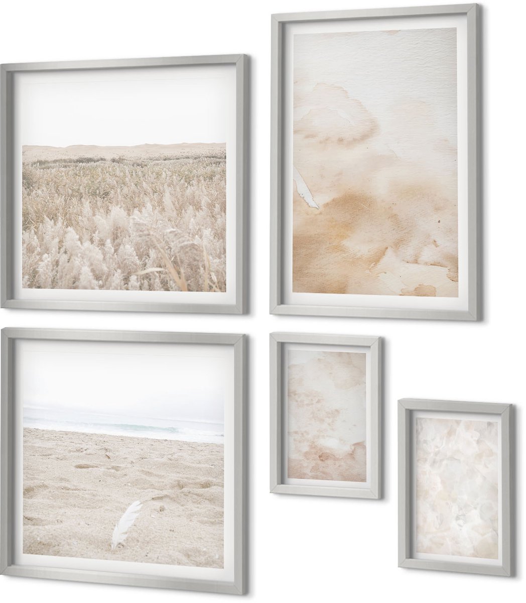 Coloray 5-Delige Schilderij Set - Stijlvolle Plantenpatronen In Beige En Zwarte Tinten. - 20 x 30 cm - Moderne Wanddecoratie - Slaapkamer
