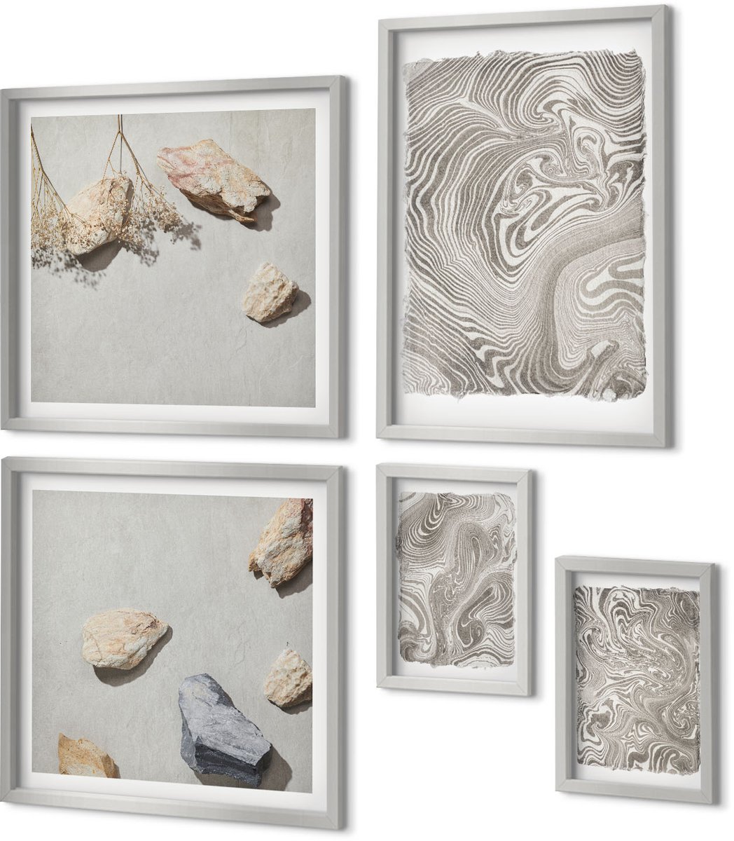 Coloray 5-Delige Schilderij Set - Bloemmotieven Met Abstracte Vormen En Bladeren - 20 x 30 cm - Muurdecoratie - Interieur Decoratie