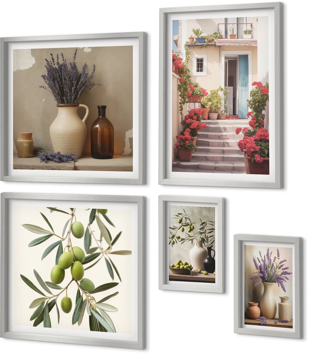 Coloray 5-Delige Schilderij Set - Olijven In Keramische Schalen Op Een Grijze Achtergrond - 20 x 30 cm - Wanddecoratie - Muurdecoratie - Moderne Interieurdecoratie