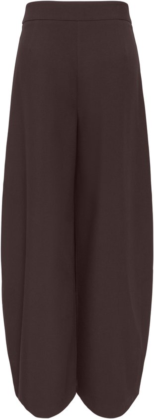 Bruine barrel leg broek, gedetailleerd met een hoge taille en wijde pijpen die naar de enkel toe taps toelopen.