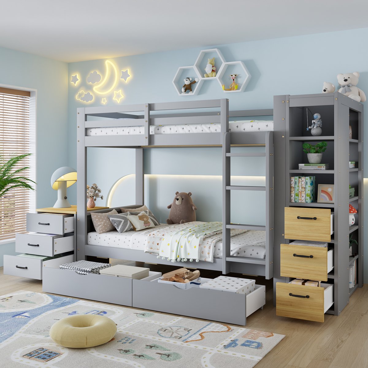 FloraGrace Stapelbed 90x200 cm - Opbergbed met Lades en Ladder - Met Opbergruimte - Hout en MDF - Lichtgrijs en Naturel - Zonder Matras