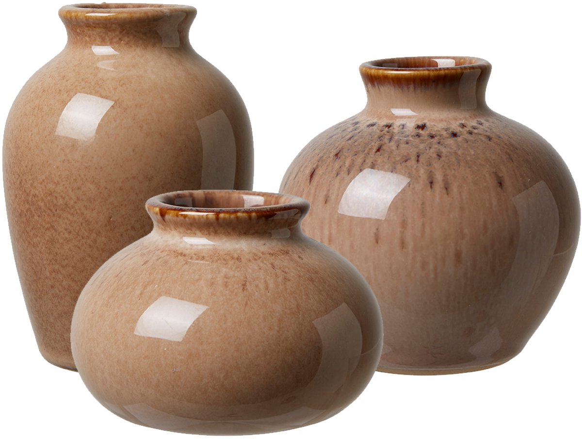 Set van 3 Kleine Porseleinen Vazen - Bruin, Decoratief, Retro Stijl
