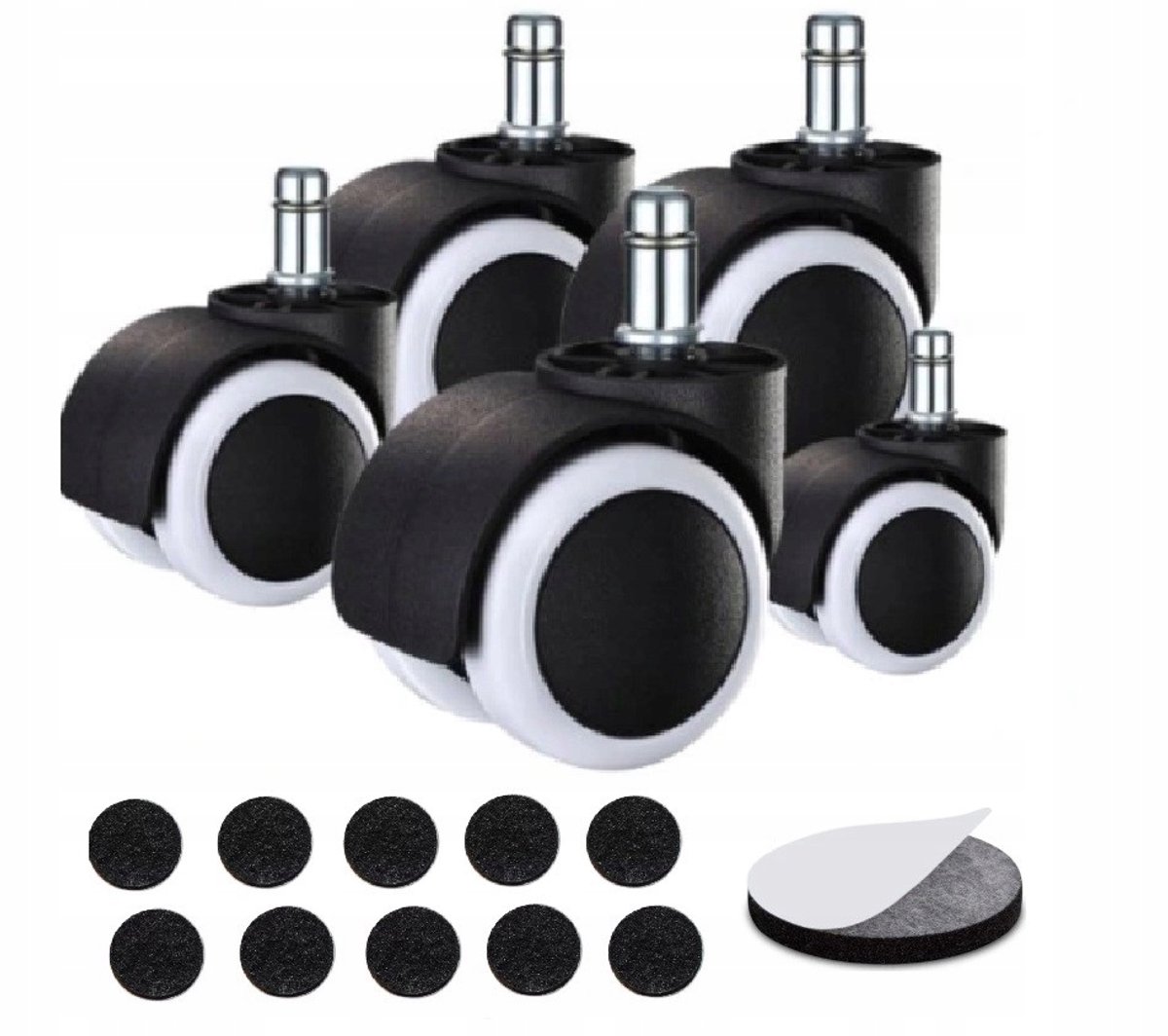 5x Witte Wielset voor bureaustoel (11mm pen) met 10x Viltglijders