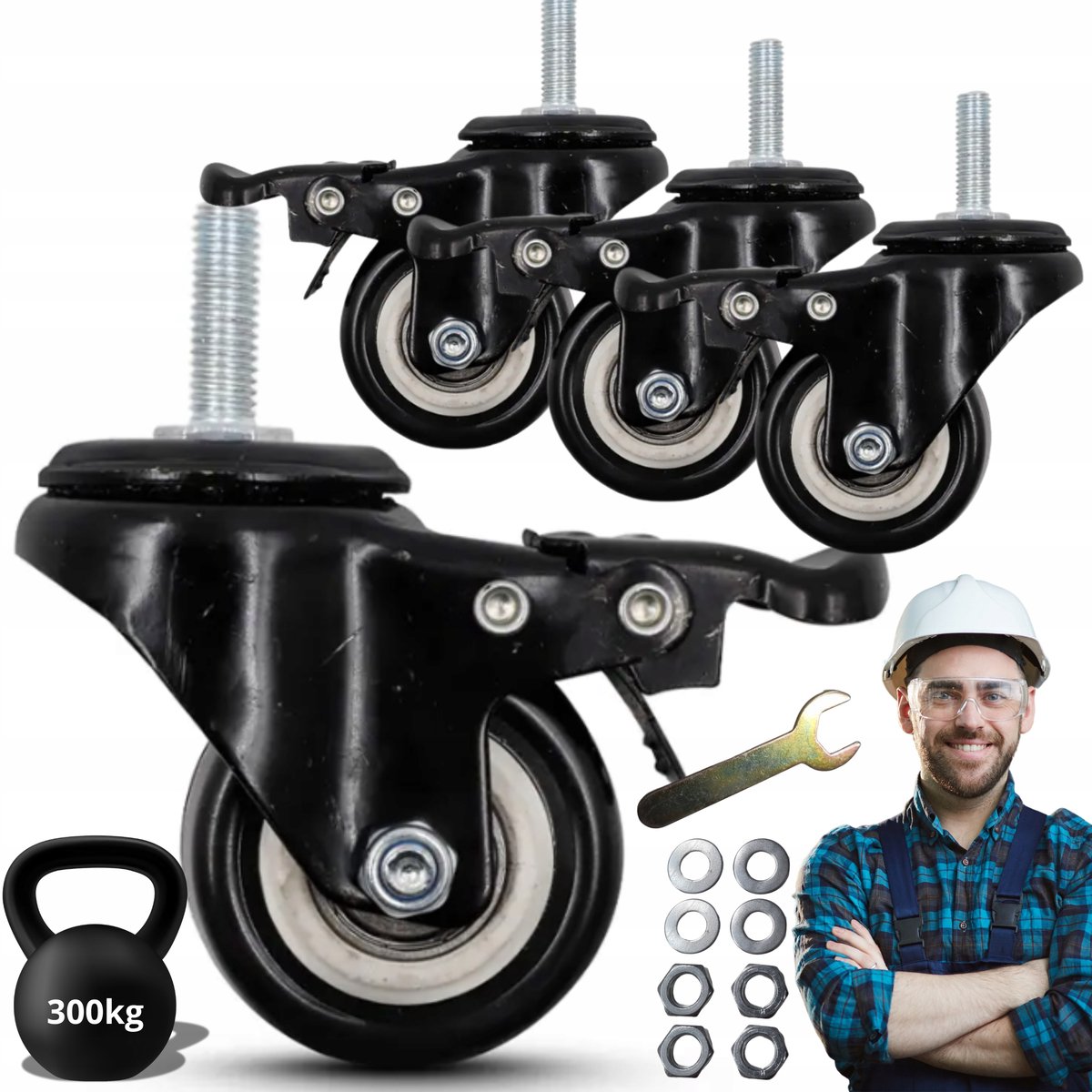 4x Zwenkwielen met Rem 50mm, 300kg Draagvermogen, M10x25mm Schroefdraad