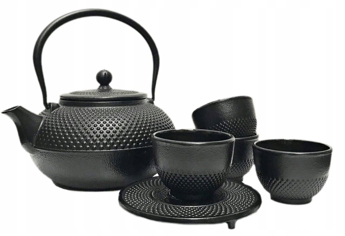 Zwart Gietijzeren Theepot Set 1.5L met 4 Mokjes - Ideaal Cadeau