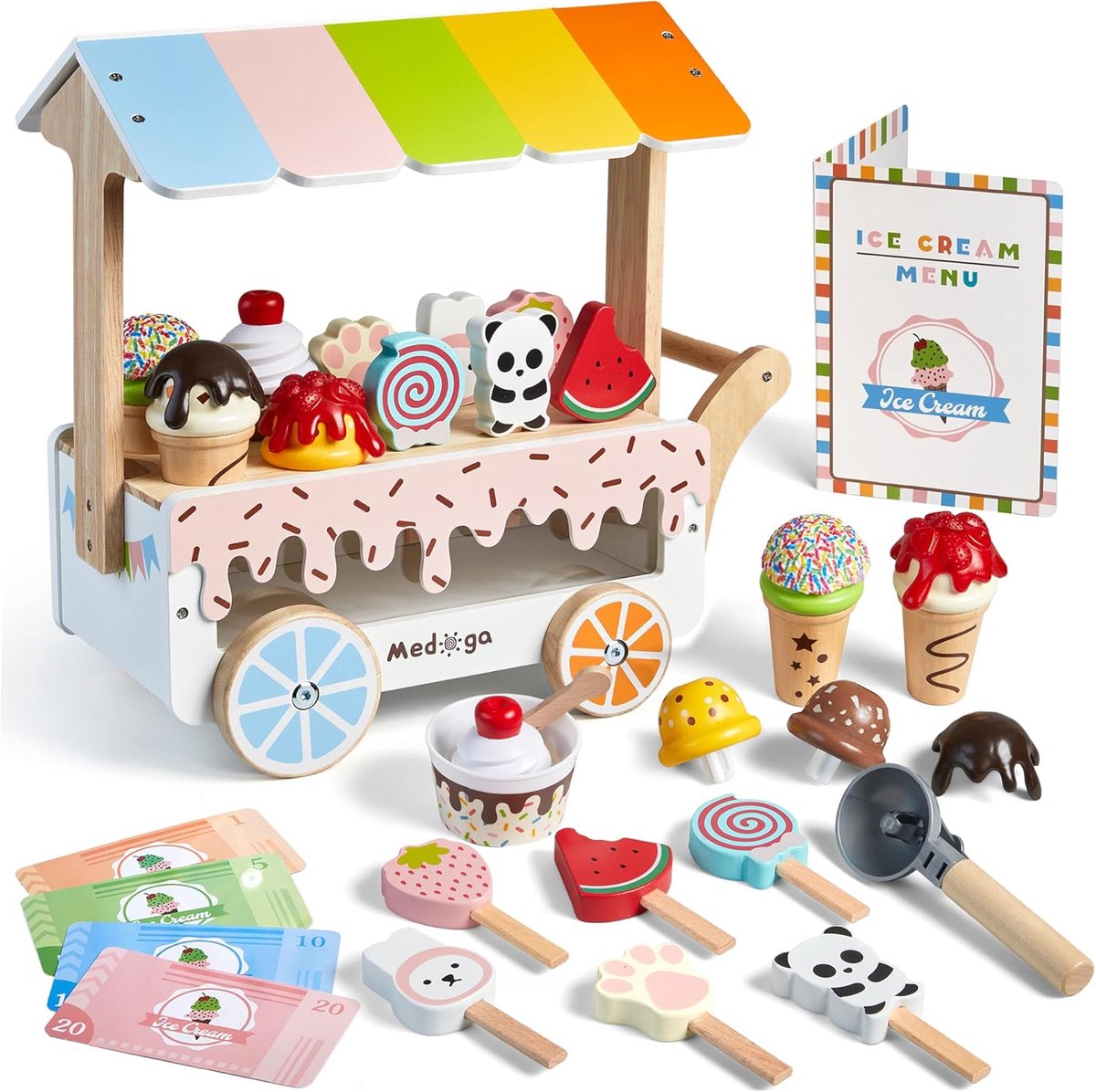 Houten ijsjeswagen speelgoedset - met ijsjes en menu - stimuleert interactief spel - leuk voor 3-8 jaar