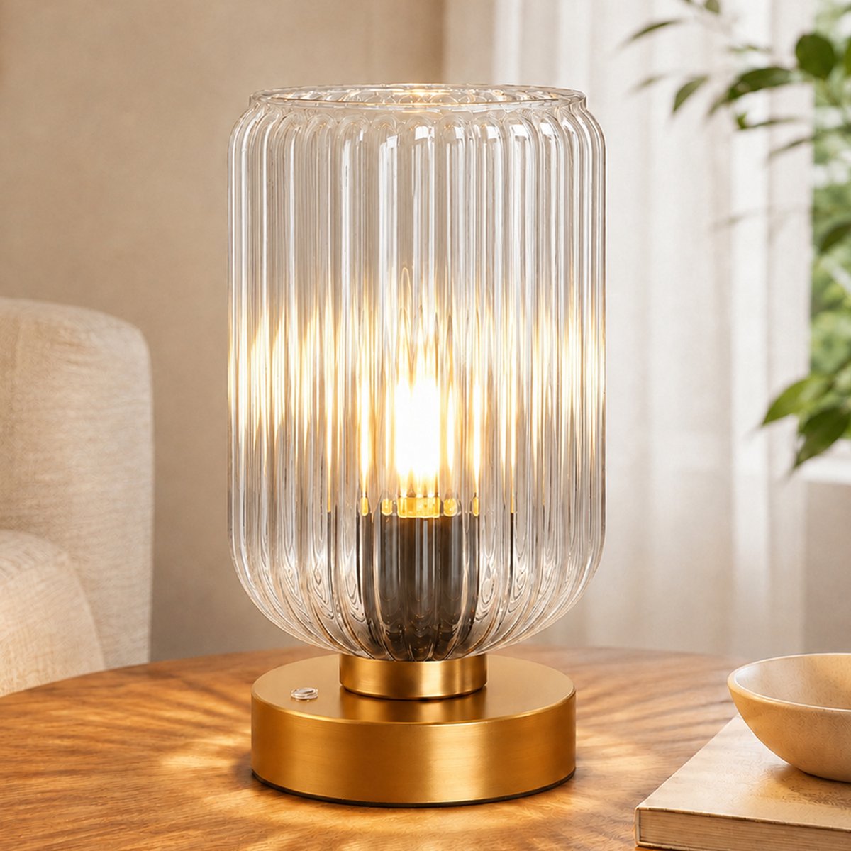 Rosnek Draadloze Tafellamp Mid-Century - Touch Dimbaar - Oplaadbare Bedlamp met Transparant Glas - Vintage Nachtlamp 7500mAh - Sfeerlamp - Slaapkamer Woonkamer - Set van 1