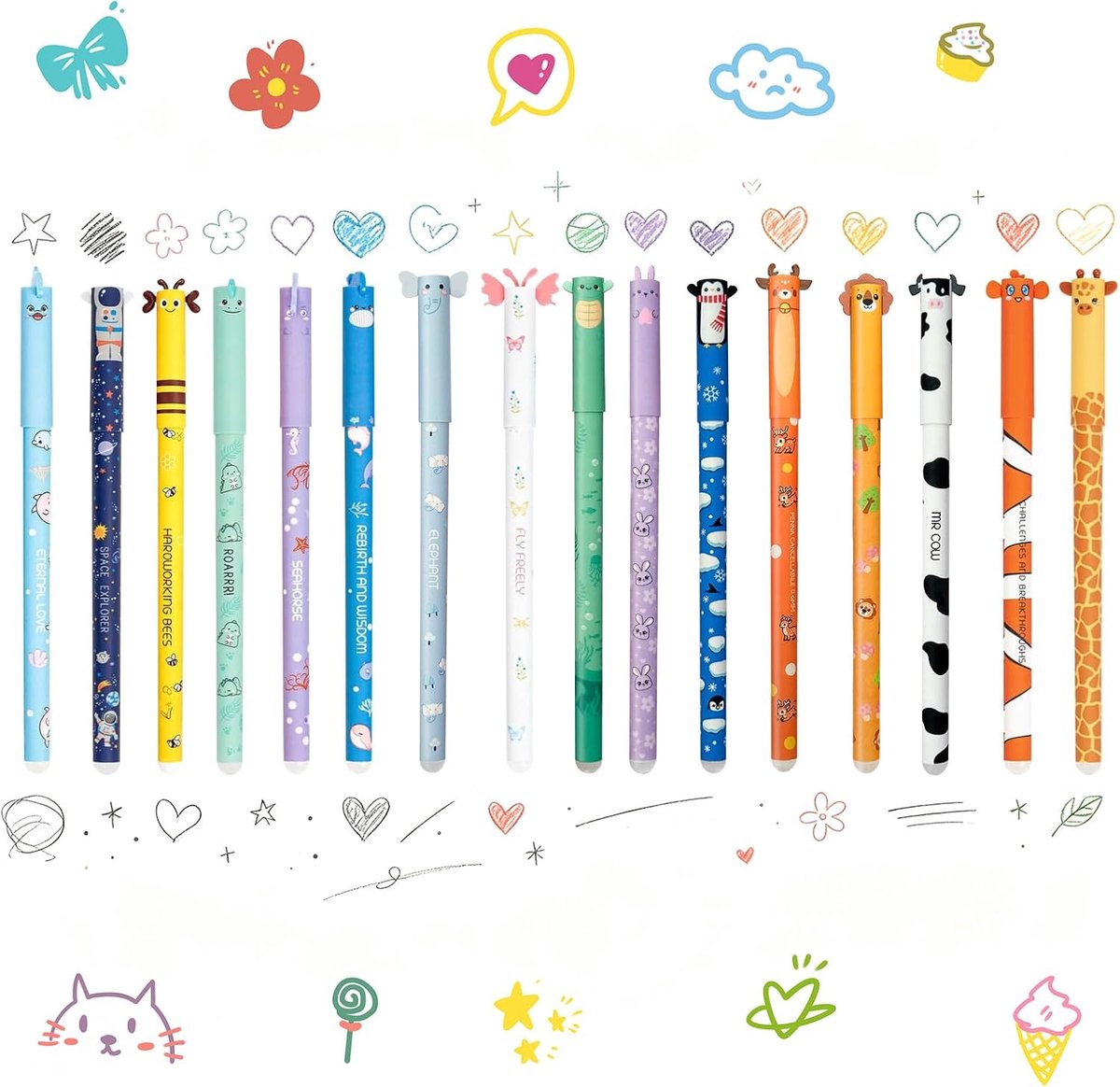 Set van 16 uitwisbare gelpennen 0,7 mm, 8 kleuren met schattige - ShopVlot