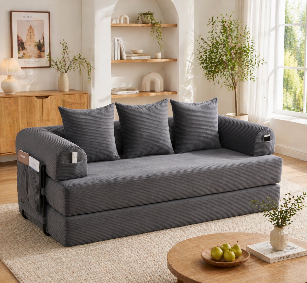 DESMIU Bank - Slaapbank 3-Zits - Modulaire Bank Met Opbergvak En 3 Kussens - Voor Woonkamer En Lounge - Stof - Donkergrijs