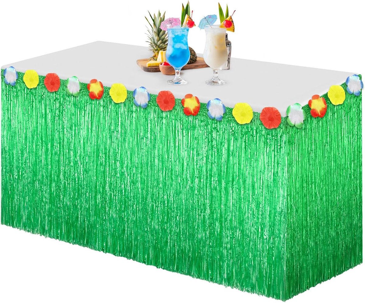 Morcheiong 1 Pack Luau Grass Table Skirt, 9 Feet x 29.5 Inch Hawaiian Table Skirt for Tiki, Jungle, Tropical Party - ShopVlot