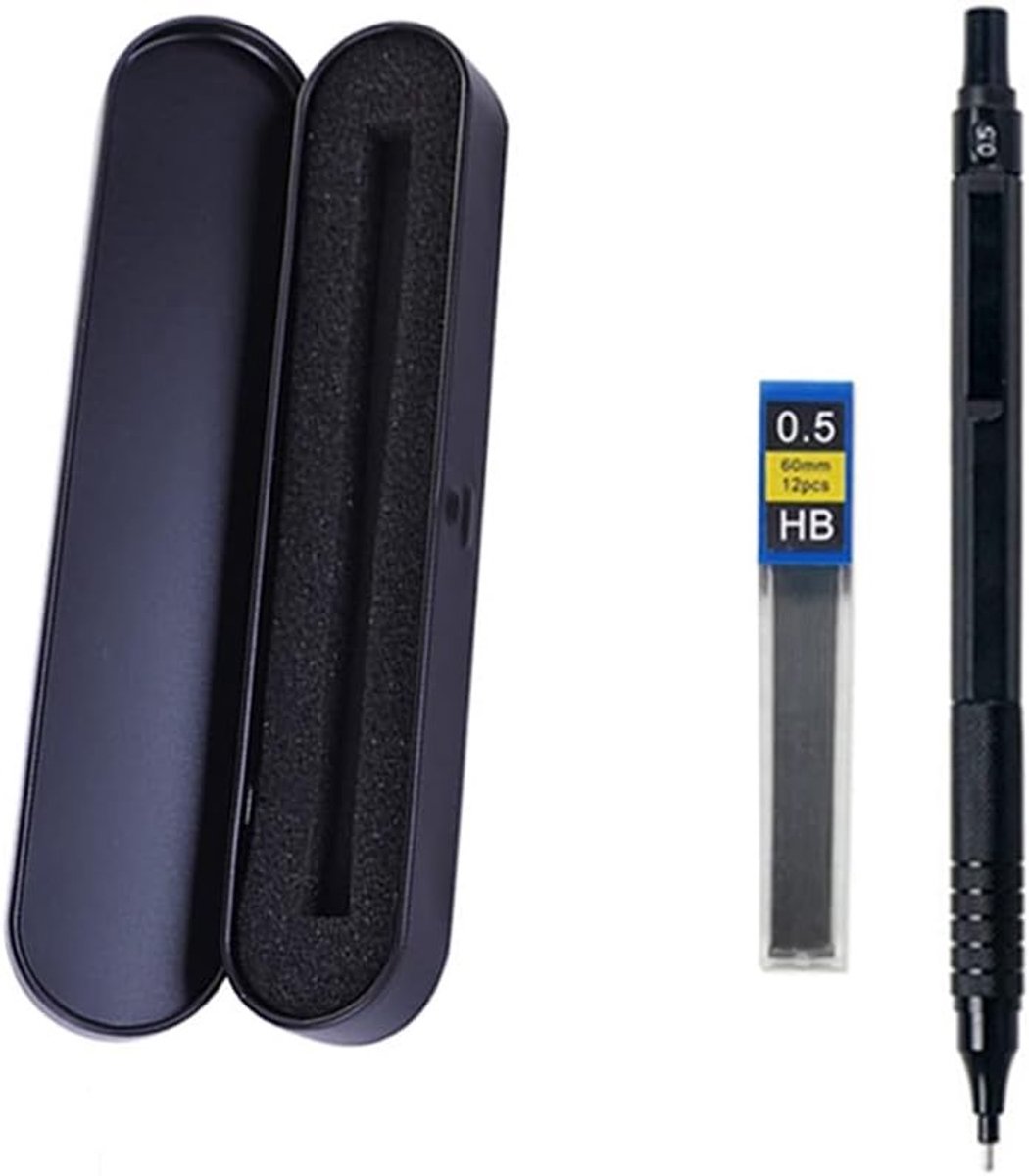 Intrekbare Mechanische Pen - Zwart/Zilver - 14,5 cm - Met Loodkern in 4 Maten - Voor Studenten en Professionals