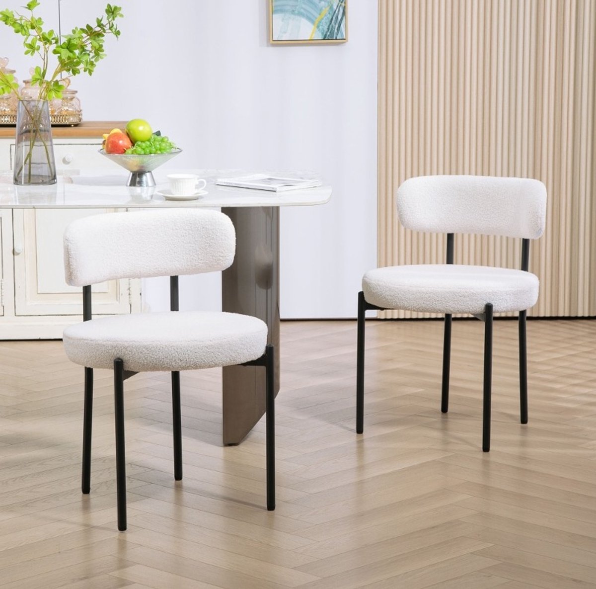 FloraGrace Eetkamerstoel Set Van 2 – Fleece Bekleding En Gestoffeerde Zitting – Modern Voor Eetkamer En Keuken – Metaal – Cream White