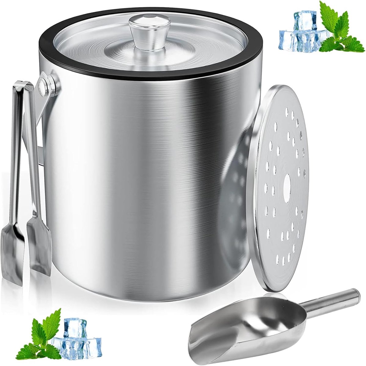 Ice Cube Holder, 3 Litres, Round with Strainer and Ice Tool, Ice Cube Holder, Ice Bucket with Scoop, Double-Walled - ShopVlot