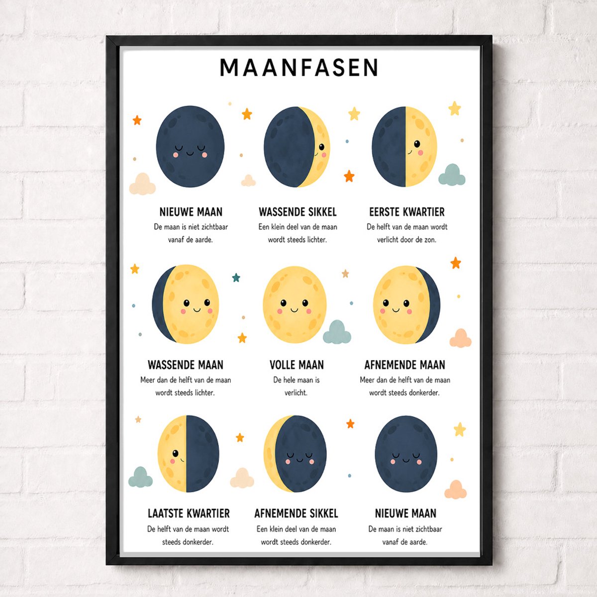 Maanfasen Educatieve Poster voor Kinderen - Leren - groep 4 t/m 8 (7-12 jaar) - A1+ 61 x 91,5 cm