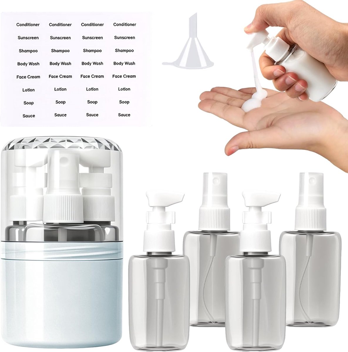 4-in-1 reisdispenser om te vullen, 50 ml pompdispenser, reisgadgets, vliegtuig met 2 pompdispensers + 2 spuitflessen + - ShopVlot
